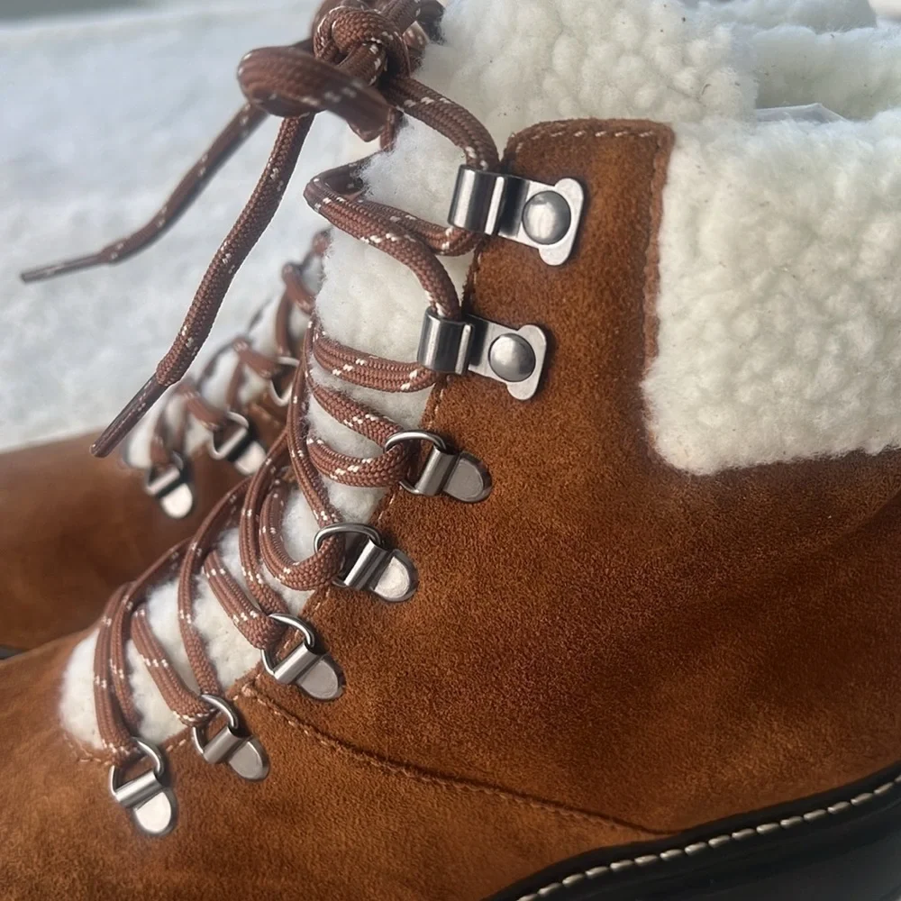 Bernardo Anthropologie Sz 7  Dasher Suede Brazil Hiking Boots Shearling Trim NWT